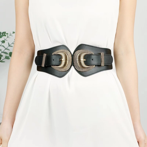 Cintura Corsetto Larga Vintage da Donna Doppia Fibbia a Conchiglia in Lega Pelle PU Elastica per Vestiti Accessori Donna