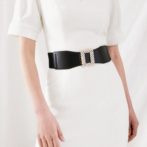 Cintura Corsetto Elastica da Donna Fibbia Quadrata con Strass Fascia Larga Regolabile per Abiti Cintura in Lega di Pelle PU