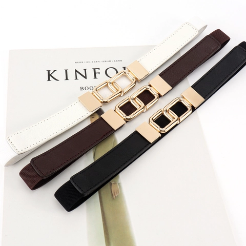 Ceinture Élastique de Mode pour Femmes Avec Boucle Géométrique à Double Anneau en Alliage Chaîne de Taille Fine en Cuir PU