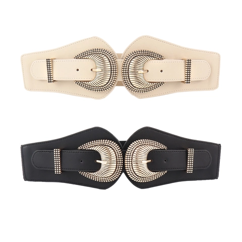 Cintura Corsetto Larga Vintage da Donna Doppia Fibbia a Conchiglia in Lega Pelle PU Elastica per Vestiti Accessori Donna