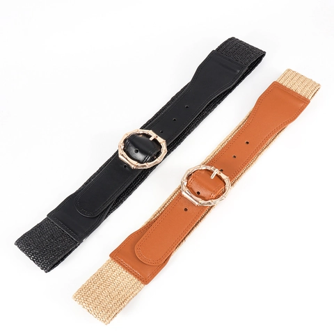 Cintura a Vita Alta Elastica da Donna Intrecciata in Paglia PP e Pelle PU Fibbia in Lega di Bambù Stile Bohémien Versatile