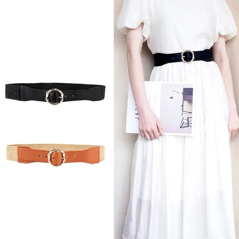 Cintura a Vita Alta Elastica da Donna Intrecciata in Paglia PP e Pelle PU Fibbia in Lega di Bambù Stile Bohémien Versatile