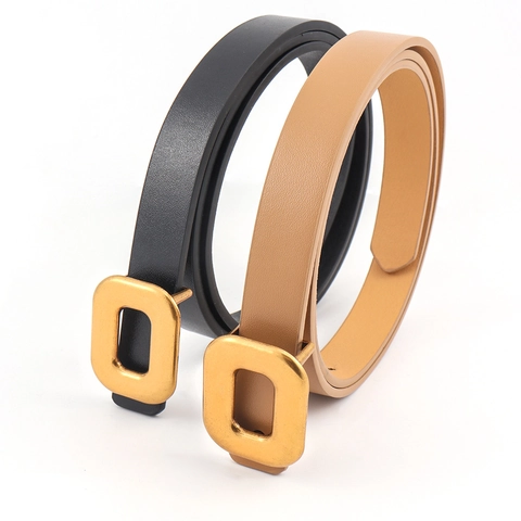 Cintura Sottile Donna in Pelle PU Fibbia Quadrata Bronzo Cinturino Regolabile per Abiti Pantaloni Ufficio Accessori Moda Minimalisti