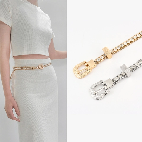 Moda Donna Catena da Vita con Strass Cintura con Fibbia Intagliata Vintage Lucida Catena per il Corpo in Metallo per Feste