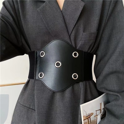 Ceinture Corset Elastique Large Vintage pour Femmes Cuir PU Noir Serre-taille Boucle en Alliage Ceinture Décorative Pour Robes