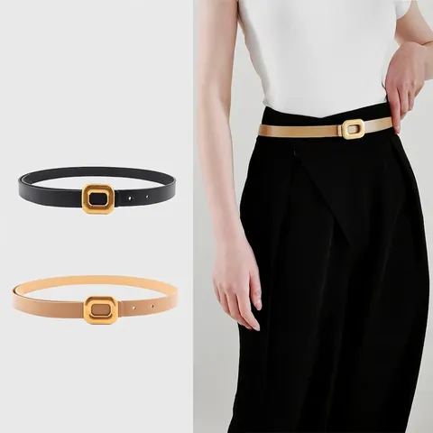 Cintura Sottile Donna in Pelle PU Fibbia Quadrata Bronzo Cinturino Regolabile per Abiti Pantaloni Ufficio Accessori Moda Minimalisti