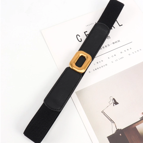 Women Elastic Narrow Waist Belt PU Leather Slim Fitting Decorative Cinch Belt Alloy Rectangular Buckle Basic Fashion Waistband