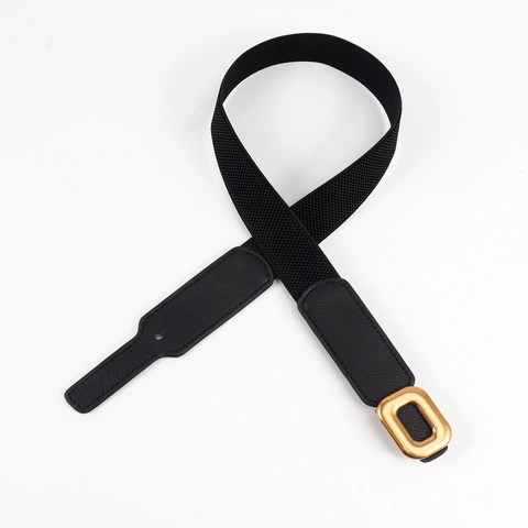 Women Elastic Narrow Waist Belt PU Leather Slim Fitting Decorative Cinch Belt Alloy Rectangular Buckle Basic Fashion Waistband