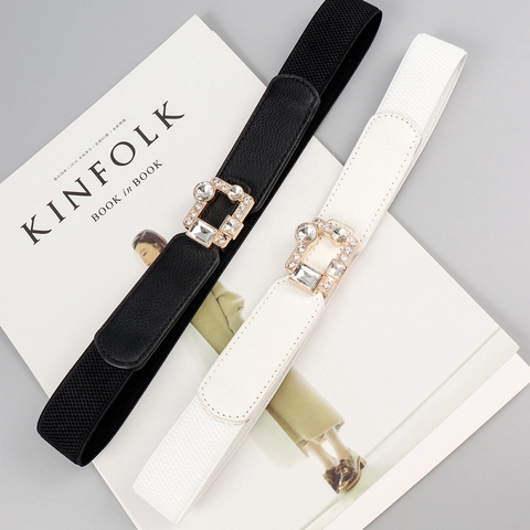 Women Rhinestone Elastic Waist Belt Faux Leather Square Buckle Corset Cinch Belt For Dresses Lady Fashion Decorative Waistband