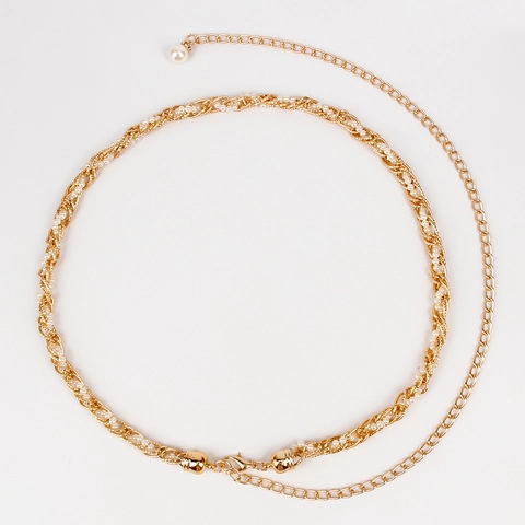 Elegante Cadena de Cintura de Aleación de Oro para Mujer con Perla Artificial Eslabones de Metal Tejidos Joyería de Vestido Ajustable