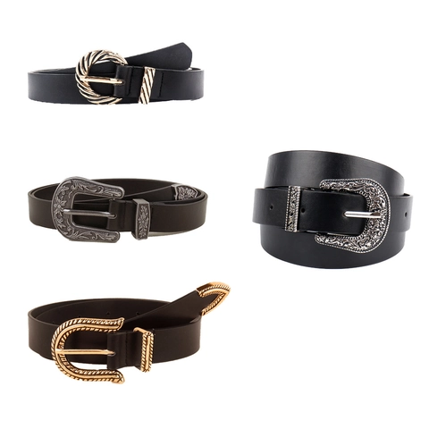 Cintura Sottile da Donna in Pelle PU Vintage per Jeans Abiti Fibbia in Lega Intagliata Attorcigliata Decorativa Cintura Retro