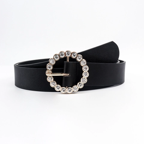 Women Fashion PU Leather Belt Rhinestone Alloy Pin Buckle Black Waist Strap For Jeans Dress Casual Party Jewelry Accessories