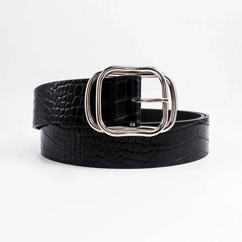 Cintura in Pelle PU con Motivo a Coccodrillo per Donna Fibbia in Lega a Doppio Anello Geometrico Cinturino alla Moda Accessorio Versatile