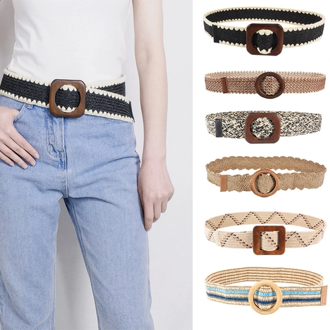 Ceinture Tressée Bohème Pour Femmes Plage Été Style Paille Nylon Corset Décoratif Avec Boucle En Bois Ronde Carrée Vintage
