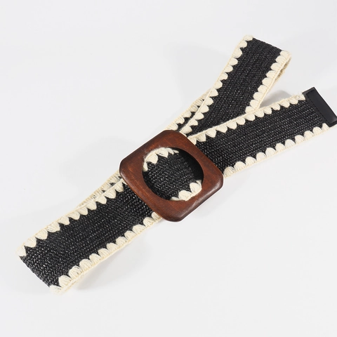 Ceinture Tressée Bohème Pour Femmes Plage Été Style Paille Nylon Corset Décoratif Avec Boucle En Bois Ronde Carrée Vintage