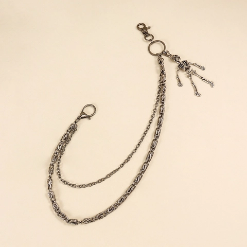 Punk Hiphop Dubbellaagse Metalen Tailleketing Met Schedelhanger Gunmetal Gothic Broekketting Voor Dames Heren Jeans