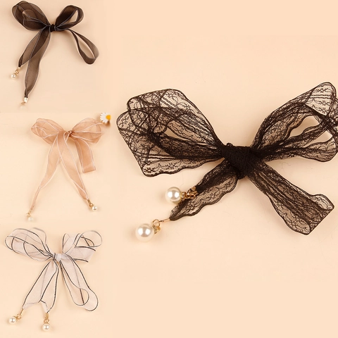 Women Sweet Lace Ribbon Waist Rope Thin Belt With Artificial Pearl Pendant Bow Tie Waistband For Dress Decoration