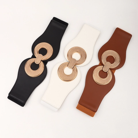 Damen Mode Breiter Elastischer Korsettgürtel Vintage Legierung Ineinandergreifende Runde Schnalle PU-Leder Hochdehnbarer Taillengürtel Für Kleid