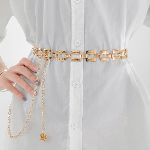 Women Punk Metal Hollow Rectangle Waist Chain Adjustable Alloy Link Belt With Rose Pendant Dress Decoration Jewelry
