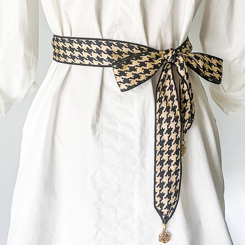 Catena da Vita in Tessuto a Pied de Poule Vintage per Donna Cintura a Fiocco Alla Moda Con Ciondolo a Fiore in Lega di Rosa Dorata