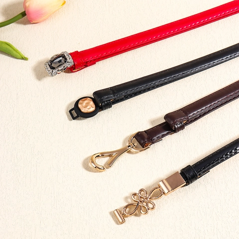 Women Fashion Thin PU Leather Belt Elegant Artificial Pearl Rhinestone Alloy Buckle Waist Chain For Dress Skirt Shirt