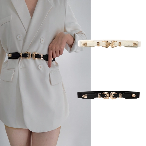 Cinturón de Cuero PU para Mujer Estilo Western Vintage Elegante Hebilla Dorada Tallada Cinturón de Cintura Elástico para Vestidos