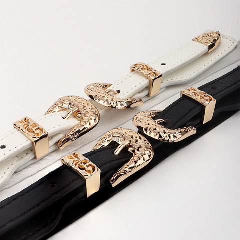 Cinturón de Cuero PU para Mujer Estilo Western Vintage Elegante Hebilla Dorada Tallada Cinturón de Cintura Elástico para Vestidos