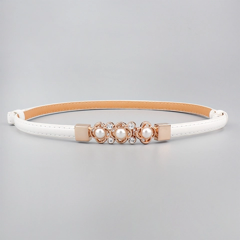Cinturón Fino de Moda para Mujer Cuero PU Cinturón Ajustable con Hebilla de Flor de Perla Artificial y Strass Accesorio Vestido