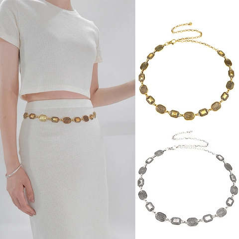 Cintura a Catena da Vita in Metallo Retro Bohémien per Donna Vintage Inciso Geometrico Regolabile Oro Argento Catena Decorativa