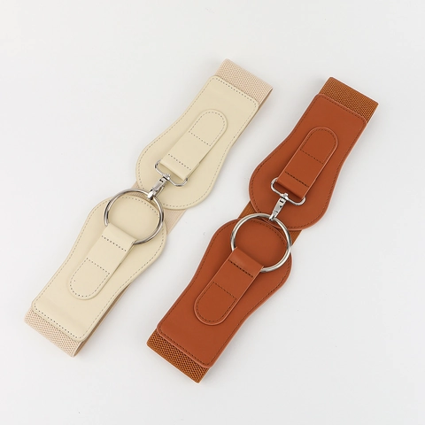 Women Wide Elastic Waist Cinch Belt Fashion Faux Leather Corset Belt With Metal Round Buckle Retro Elegant Waistband