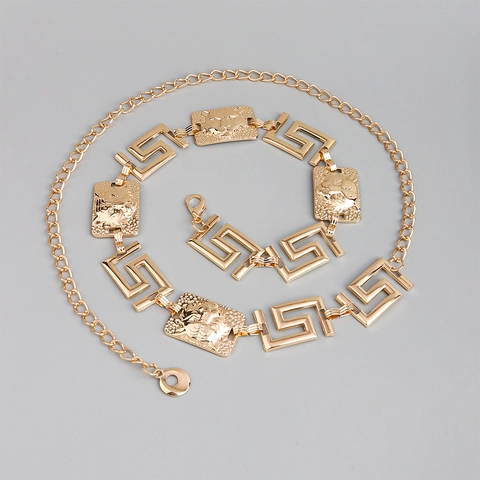 Vintage Barocco Leone Testa Incisa Metallo Catena Cintura Donna Regolabile Meandro Greco Modello Catena a Vita Oro Argento
