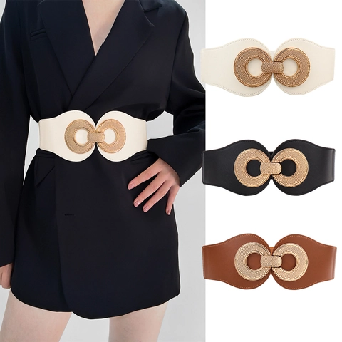 Damen Mode Breiter Elastischer Korsettgürtel Vintage Legierung Ineinandergreifende Runde Schnalle PU-Leder Hochdehnbarer Taillengürtel Für Kleid