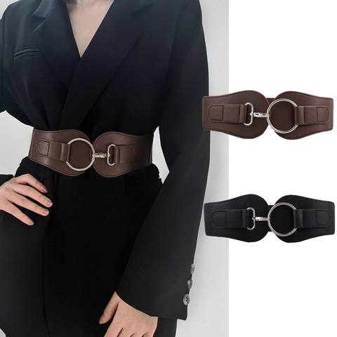Women Wide Elastic Waist Cinch Belt Fashion Faux Leather Corset Belt With Metal Round Buckle Retro Elegant Waistband