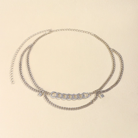 Women's Punk Style Multi Layer Alloy Waist Chain Belt Silver Color Link Chain With Lock Pendant Fashion Dress Accessory