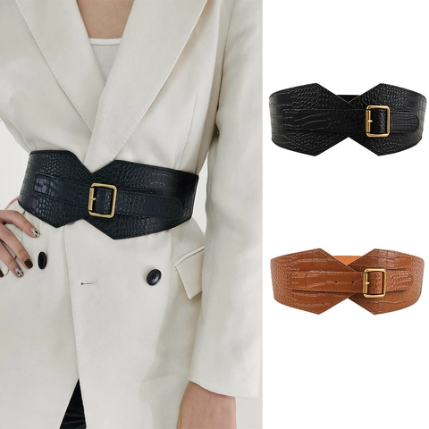 Cintura a Corsetto Larga da Donna in Ecopelle con Motivo Coccodrillo Cinturino Elastico di Moda con Fibbia Quadrata Dorata Accessori Vintage Modellanti
