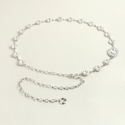 Elegante Catena da Vita in Lega con Fiori di Strass Cintura a Catena in Metallo Argento Regolabile per Vestiti da Donna