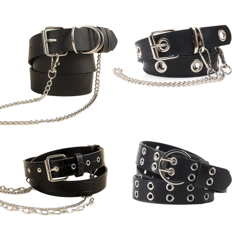 Punk Style PU Leather Belt With Metal Chain Decoration For Men Women Gothic Streetwear Double Grommet Waist Belt Accessory