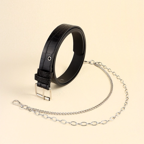 Punk Style PU Leather Belt With Metal Chain Decoration For Men Women Gothic Streetwear Double Grommet Waist Belt Accessory