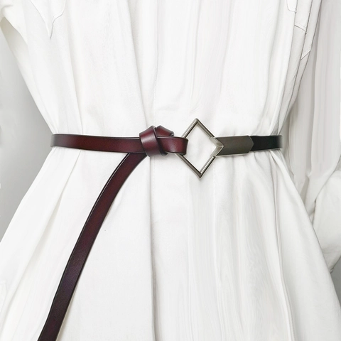 Minimalist Women Thin Genuine Leather Belt Geometric Square Alloy Buckle Reddish Brown Adjustable Vintage Waist Strap For Dresses