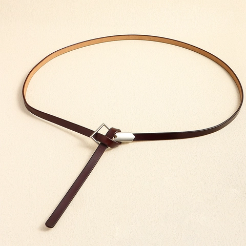 Minimalist Women Thin Genuine Leather Belt Geometric Square Alloy Buckle Reddish Brown Adjustable Vintage Waist Strap For Dresses