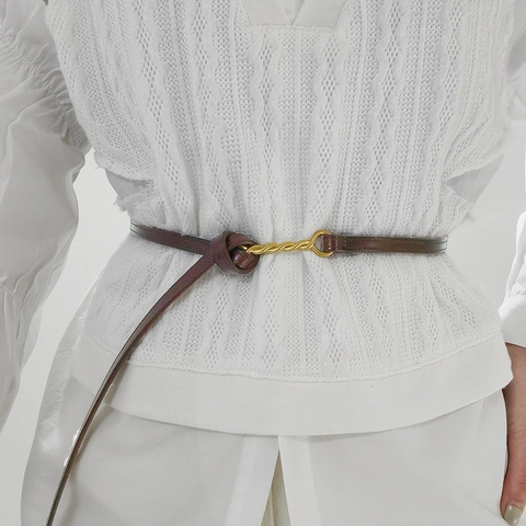Women Genuine Leather Skinny Belt Minimalist Fashion Knot Waist Belt With Gold Twisted Alloy Buckle For Dress Coat Suit