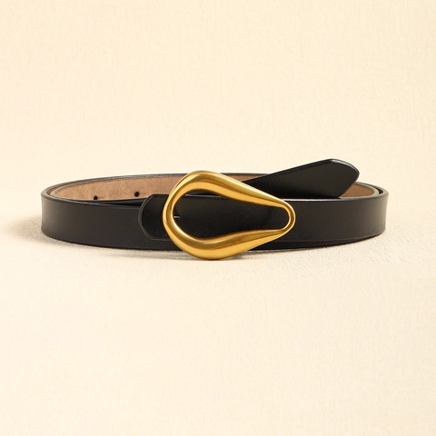 Cintura Sottile da Donna in Vera Pelle di Vacchetta Con Fibbia Irregolare in Lega Dorata Per Completi Abiti Accessori Moda Minimalisti