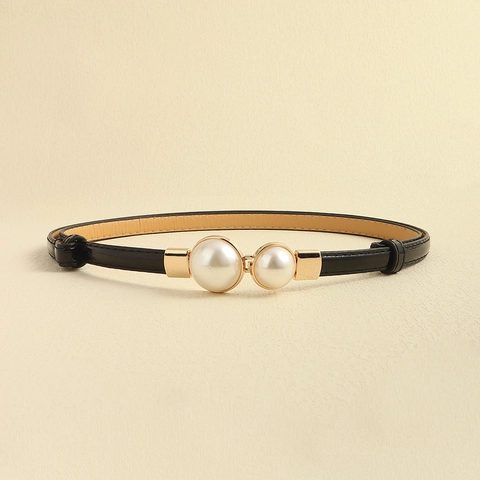 Cintura Sottile da Donna in Pelle PU Con Fibbia Dorata in Lega di Perle Artificiali Elegante Cinturino Verniciato Regolabile