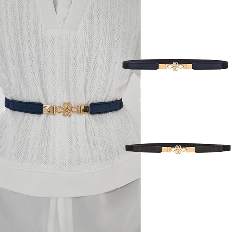 Cintura Sottile Elastica da Donna in Pelle Sintetica con Fibbia in Metallo Dorato Nodo Cinese Design a Fiori Intagliati Elegante