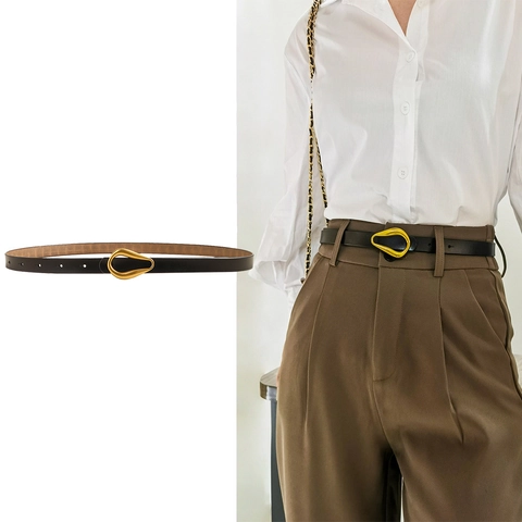 Cintura Sottile da Donna in Vera Pelle di Vacchetta Con Fibbia Irregolare in Lega Dorata Per Completi Abiti Accessori Moda Minimalisti