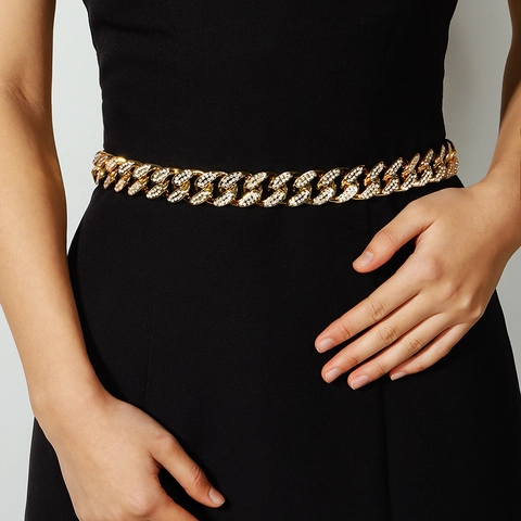 Luxury Rhinestone Inlaid Cuban Link Waist Chain For Women Gold Silver Hip Hop Adjustable Fashion Jewelry Dress Belt