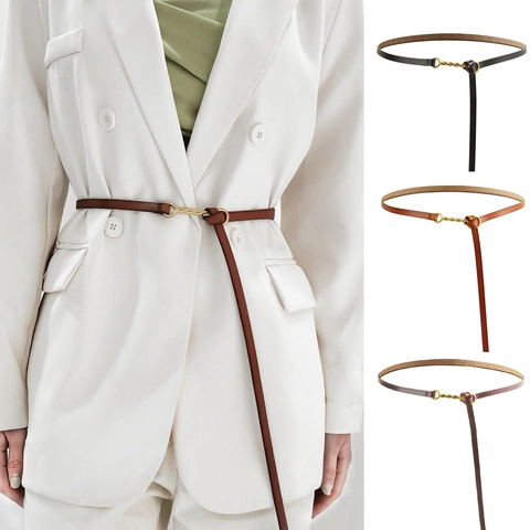 Women Genuine Leather Skinny Belt Minimalist Fashion Knot Waist Belt With Gold Twisted Alloy Buckle For Dress Coat Suit