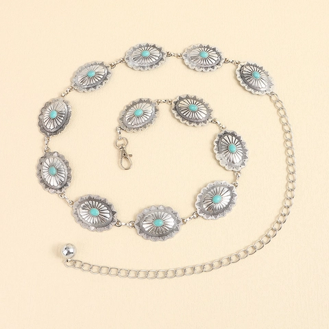 Catena da Vita in Metallo Retrò Bohémien per Donna Vintage Turchese Artificiale Intarsiato Raggi di Sole Floreale Cintura Regolabile