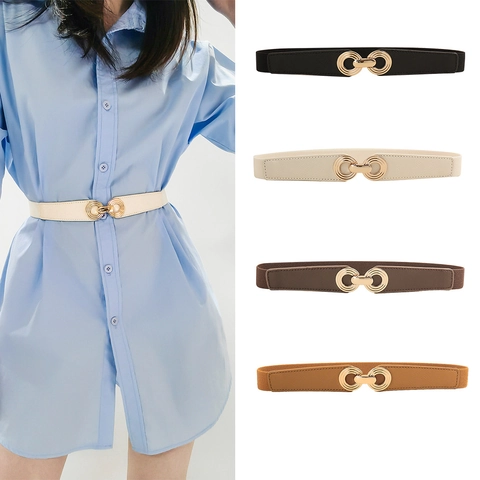 Fashion Women Elastic Skinny Belt Gold Interlocking Round Metal Buckle PU Leather Trim Stretch Waistband For Dresses