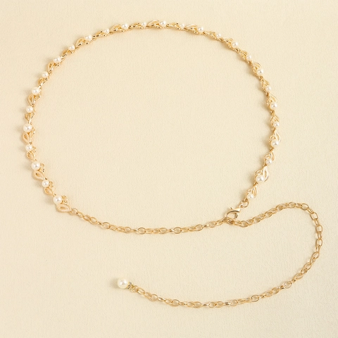 Catena da Vita in Metallo da Donna Con Perla Artificiale Design a Foglia Traforata Catena per il Corpo Oro Regolabile